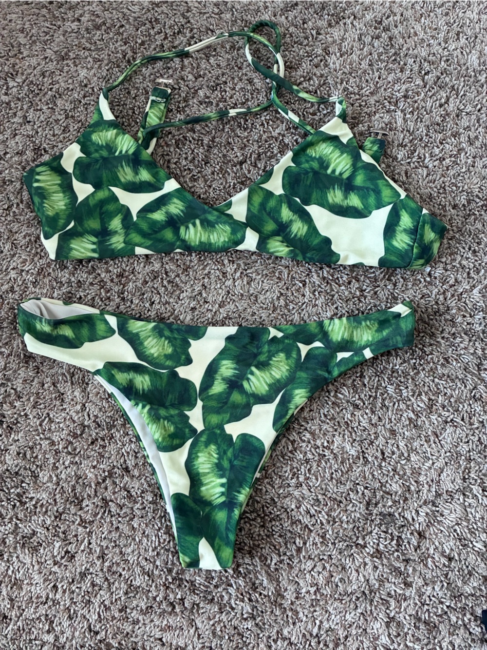 Source Unknown Green Palm Leaf Bikini Set - Dark Green & Cream
